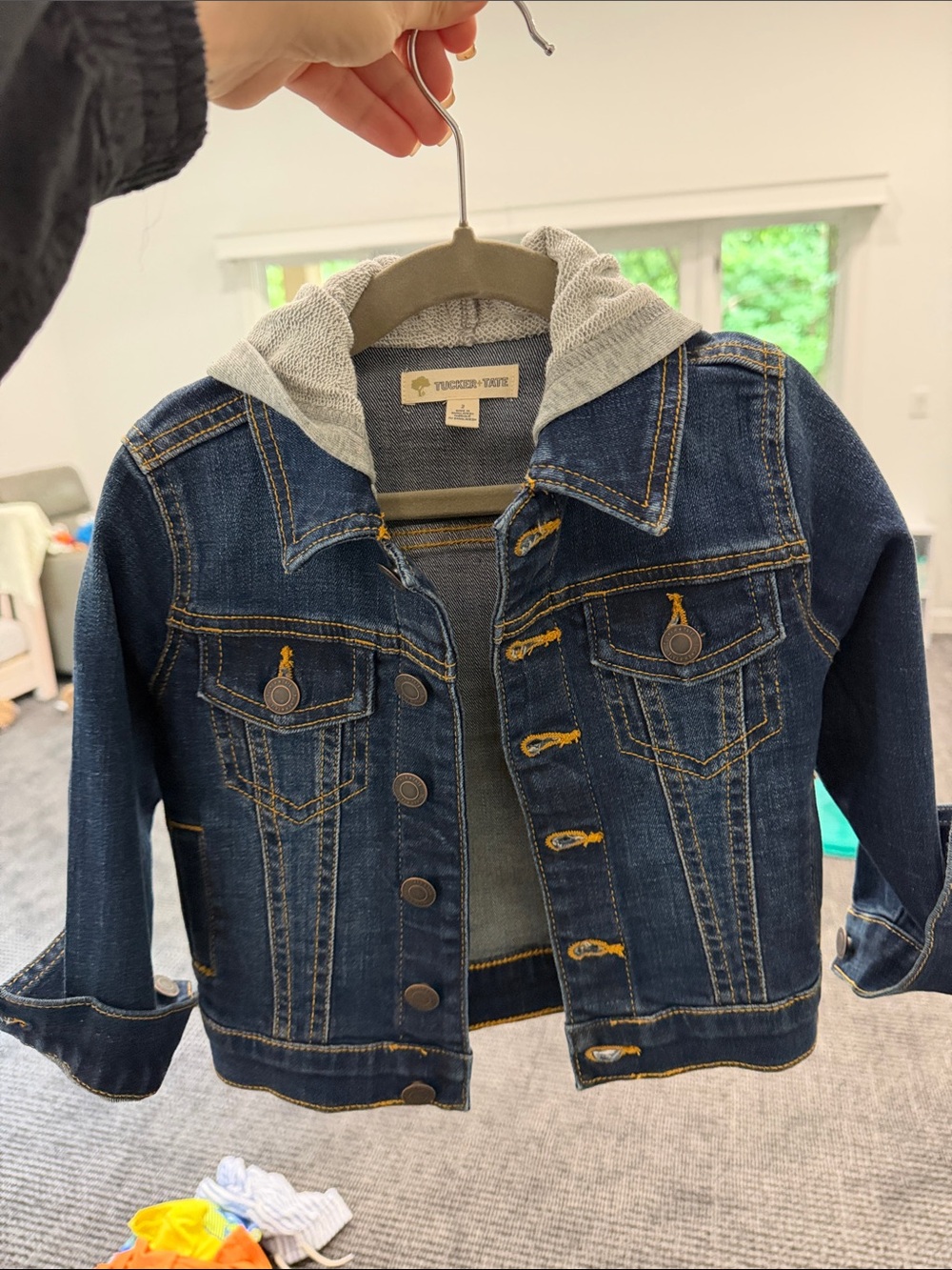 Tucker Tate Dark Blue Denim Jacket with Gray Hood